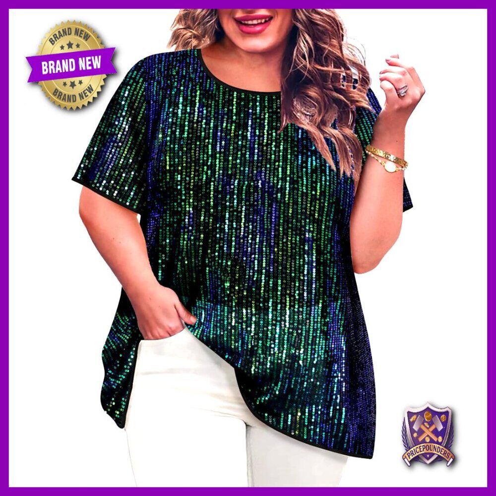 Plus Size Sequin Crewneck Tunic Party Top XL-5XL Sparkly Slimming